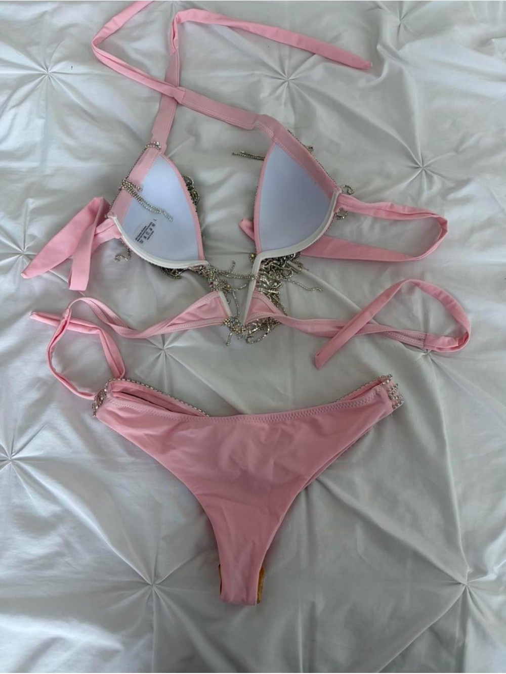 Pink Embellished Bikini Rave Set with Crystal Rhinestone Details - Picture 4 of 7